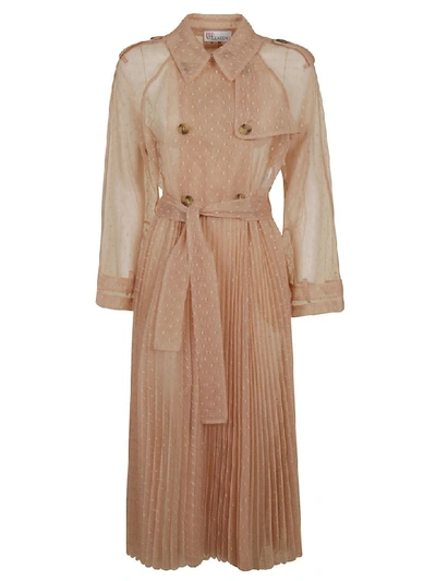 Red Valentino Double Breasted Pleated Long See-through Trench Dress In Nudo