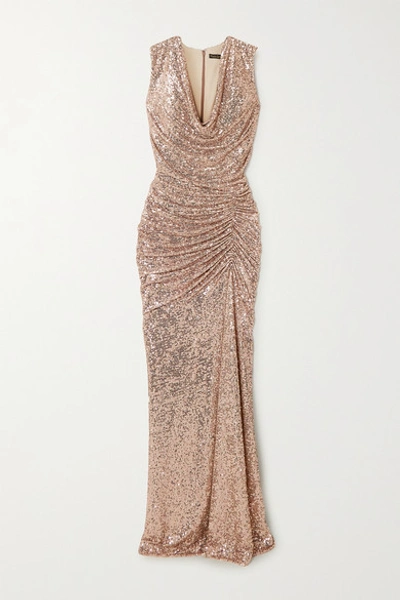 Reem Acra Draped Sequined Tulle Gown In Gold