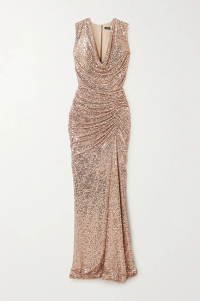 Reem Acra Draped Sequined Tulle Gown In Gold | ModeSens