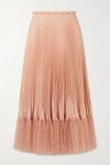 RED VALENTINO PLEATED POINT D'ESPRIT TULLE-TRIMMED SATIN MIDI SKIRT