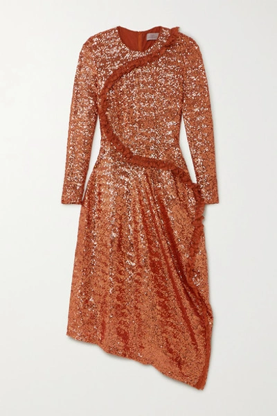 Preen By Thornton Bregazzi Yasmeen Asymmetric Lace-trimmed Sequined Mesh Midi Dress In Copper