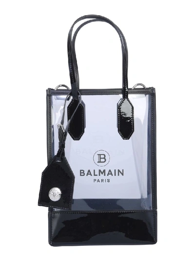 Balmain Small Tote Bag In White Calfskin In Trasparent/noir