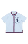 Gucci Anchor Embroidered Button-down Shirt W/ Ribbon Trim, Size 4-12 In Baby Blue