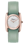 Ferragamo Salvatore Feragamo Vara Leather Strap Watch, 28mm X 34mm In Green/ White Guilloche/ Rose