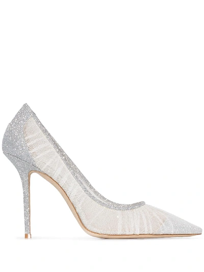 Jimmy Choo Love 100 Glittered Tulle And Canvas Pumps In Ivory/silver