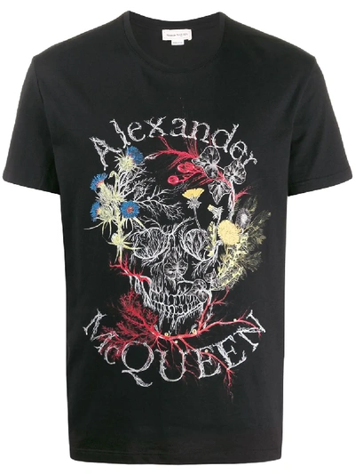 Alexander Mcqueen Floral Skull Print T-shirt In 黑色