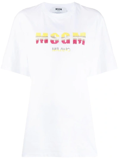 Msgm Sequin Embroidered Logo T-shirt In White