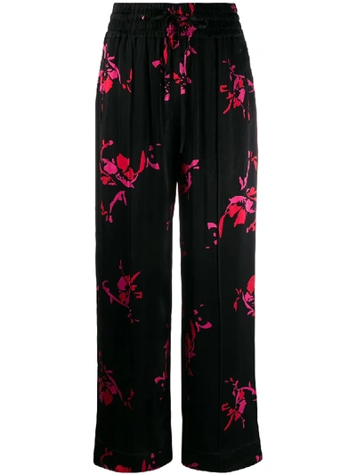 Ganni Floral Print Drawstring Trousers In 黑色