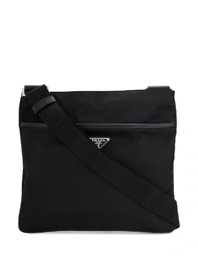 Prada Logo Plaque Messenger Bag In Black