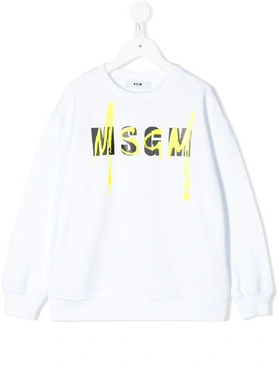 Msgm Kids' Logo Print Long Sleeve Sweatshirt In White