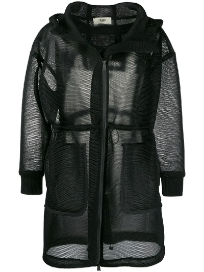 Fendi Mesh Hooded Zip-up Coat In Black