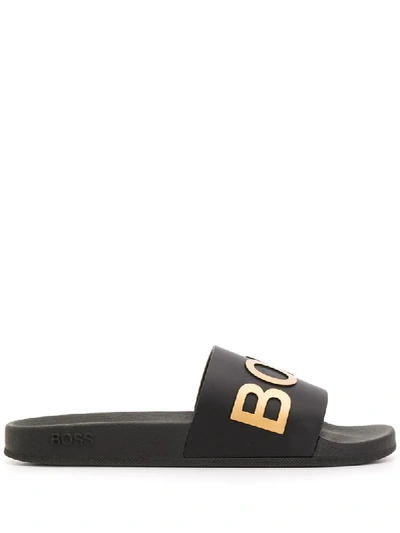 Hugo Boss Italian-made Logo Slides In Black/gold