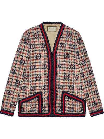 Gucci Gg Fancy Check Wool Blend Tweed Jacket In White