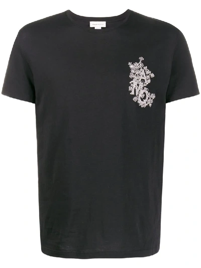 Alexander Mcqueen Amq-embroidered Cotton-jersey T-shirt In Black,white
