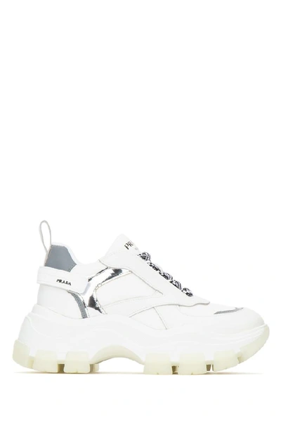 Prada Pegasus Metallic-paneled Leather And Canvas Sneakers In White