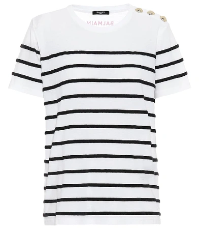 Balmain Flocked-stripe Cotton-jersey T-shirt In Black/white