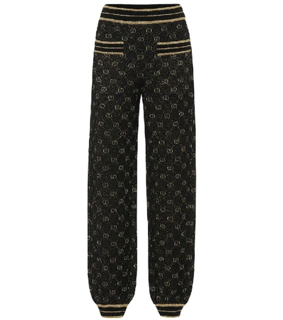 Gucci Gg Logo Metallic Wool Blend Track Pants In Black
