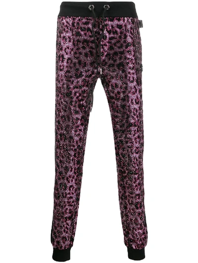 Philipp Plein Pink Paradise Crystal-embellished Leopard Sweatpants In Black