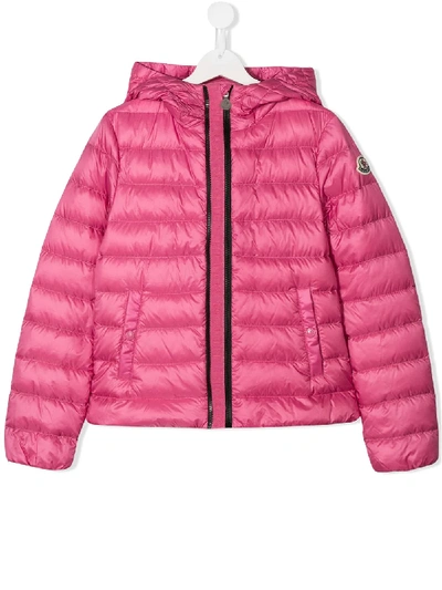 Moncler Teen Quilted Hooded Coat In Pink