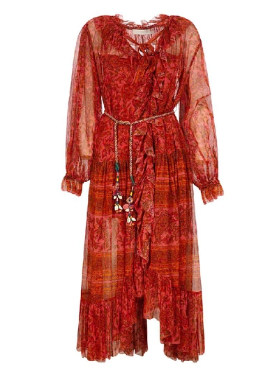 Zimmermann Edie Ruffled Long Robe Dress In Peach Block, Paisley