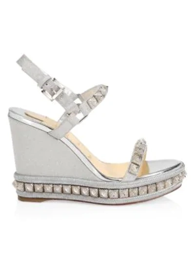 Christian Louboutin Pira Ryad Studded Glitter Platform Wedge Sandals In Silver