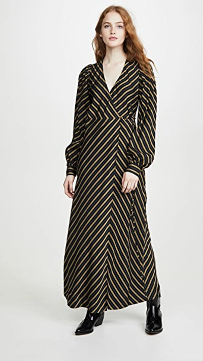 Ganni Striped Viscose Midi Dress In Black