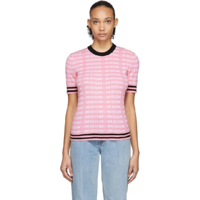 Msgm Pink All Over Logo Short Sleeve Sweater