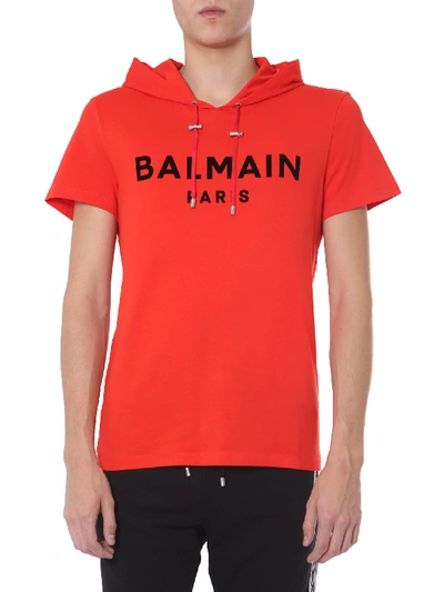 Balmain Hooded Flock Cotton Jersey Ss T-shirt In Red