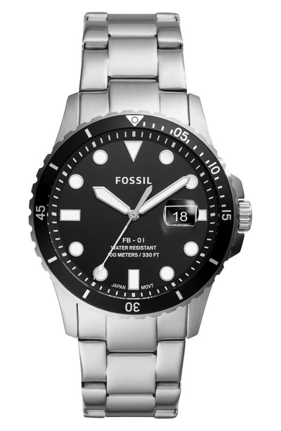 Fossil Men's Blue Diver Stainless Steel Bracelet Watch 42mm In Silver