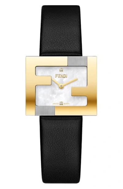 Fendi Mania Diamond Leather Strap Watch, 24mm X 20mm In Black/gold