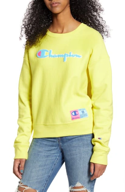 Champion Reverse Weave Chenille Logo Sweatshirt In Journey Yellow