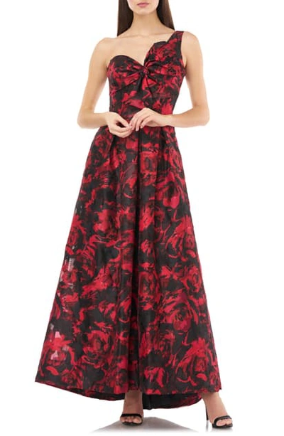 Carmen Marc Valvo Infusion One-shoulder Brocade Gown In Red/ Black