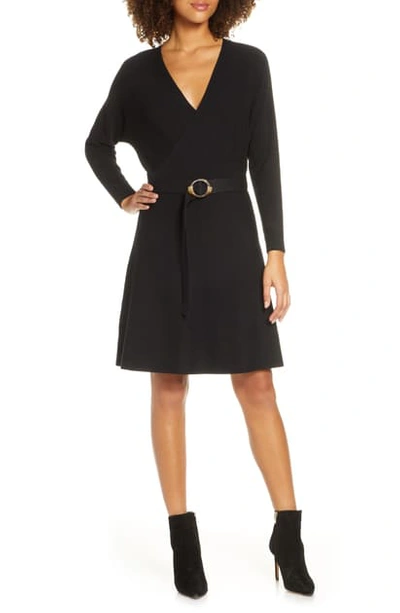 Ever New Madelyn Belted Ribbed Long Sleeve Sweater Dress In Black