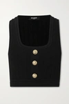 BALMAIN CROPPED BUTTON-EMBELLISHED RIBBED STRETCH-KNIT TOP