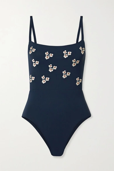 Anemone Floral-embroidered Swimsuit In Navy