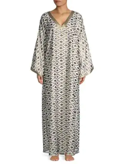 Josie Natori Sequin-embellished Silk Caftan In White Grey