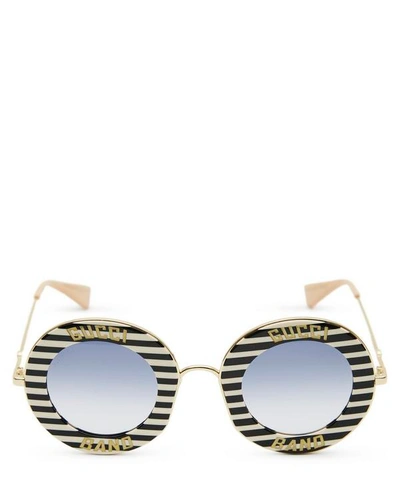 Gucci Striped Logo Lettering Round Sunglasses In Gold