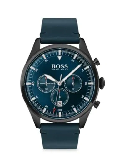 Hugo Boss Pioneer Leather-strap Chronograph Watch In Navy