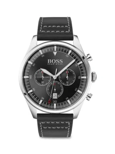 Hugo Boss Pioneer Stainless Steel & Leather-strap Chronograph Watch In Black Silver