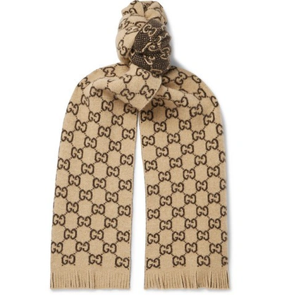 Gucci Fringed Logo-jacquard Wool Scarf In Brown