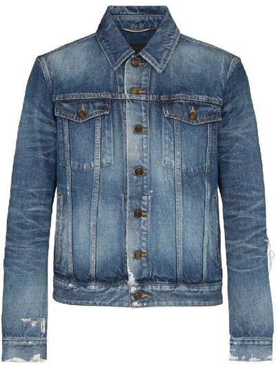 Saint Laurent Men's Distressed Denim Jacket In Blue