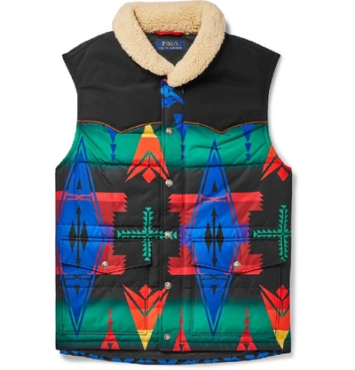 Polo Ralph Lauren Faux Shearling-trimmed Quilted Printed Shell Gilet In Black