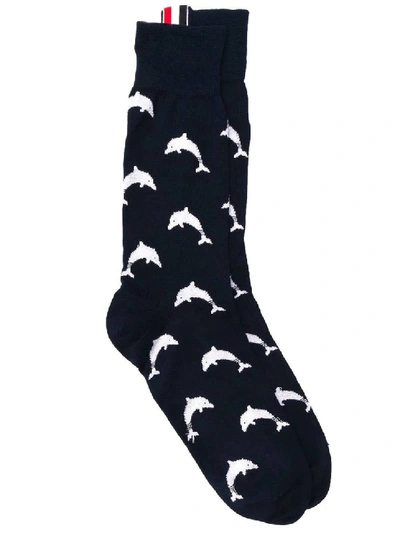 Thom Browne Dolphin Print Socks In 415 Navy