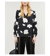 Theory Petal Open V-neck Gathered Long-sleeve Silk Blouse In Black