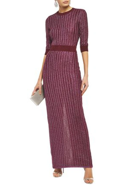 Herve Leger Distressed Metallic Ribbed Crochet-knit Maxi Dress In Plum