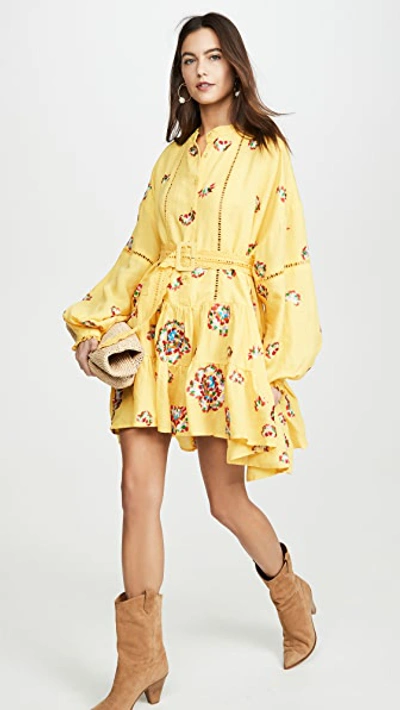 All Things Mochi Floral Embroidered Long Sleeve Minidress In Yellow