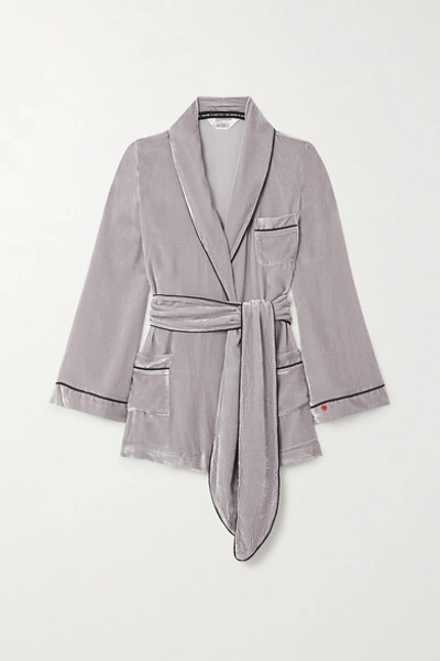 Sleeping With Jacques The Bon Vivant Belted Piped Velvet Dressing Gown In Platinum