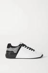 BALMAIN B-COURT CRYSTAL-EMBELLISHED TWO-TONE LEATHER AND SUEDE SNEAKERS