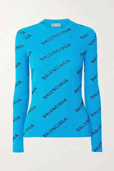 Balenciaga Logo Printed Knit Rib Crewneck Sweater In Blue