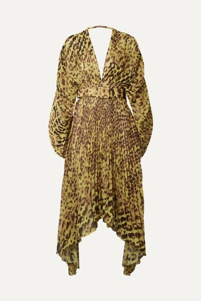 Adriana Degreas Asymmetric Belted Pleated Leopard-print Chiffon Dress In Military Green